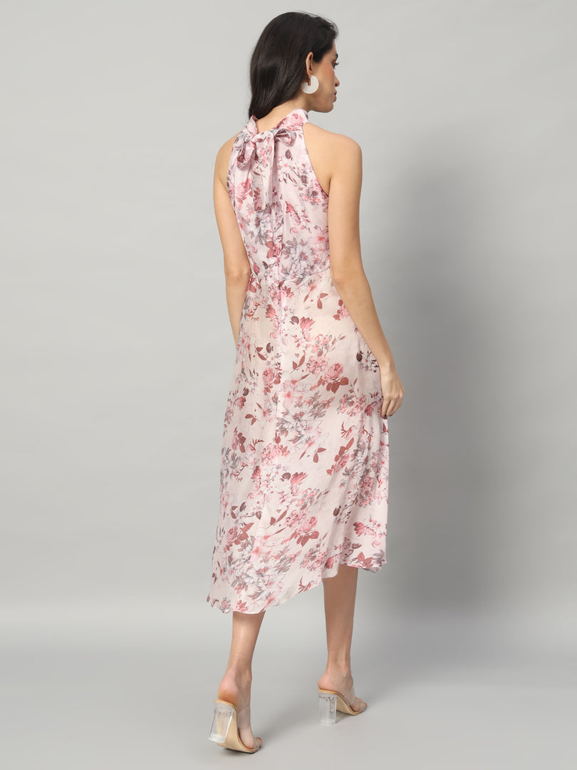 Elegant Floral Halter Neck Midi Dress