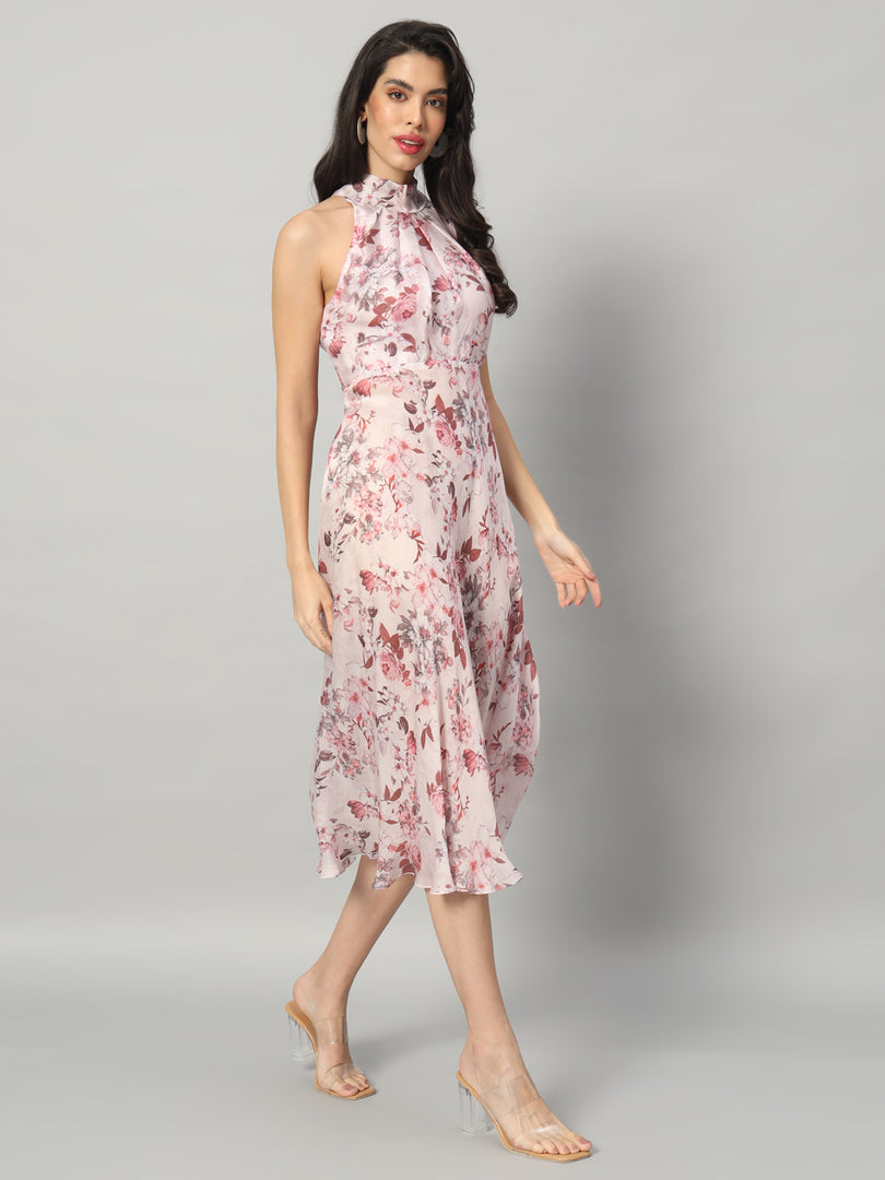 Elegant Floral Halter Neck Midi Dress