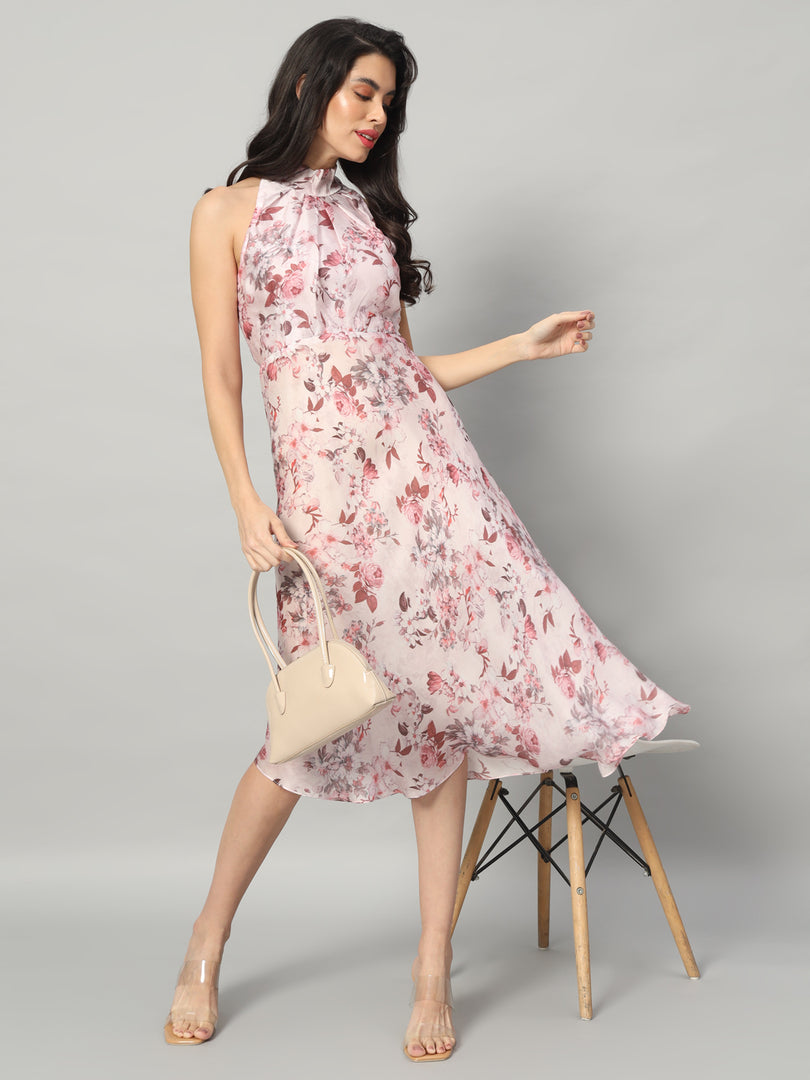 Elegant Floral Halter Neck Midi Dress