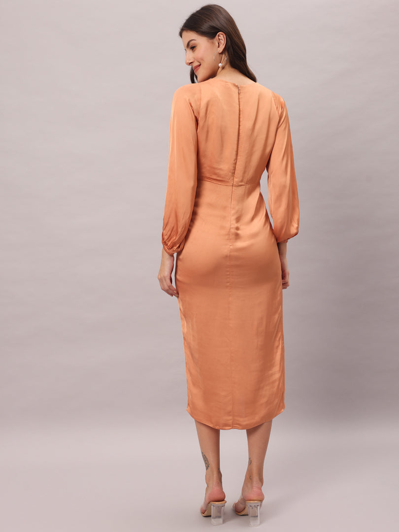 Peach Satin Knotted Midi Dress