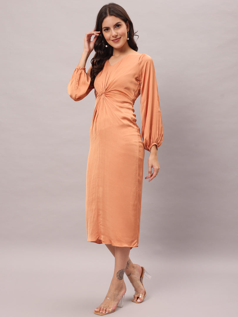 Peach Satin Knotted Midi Dress