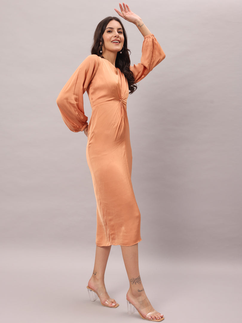 Peach Satin Knotted Midi Dress