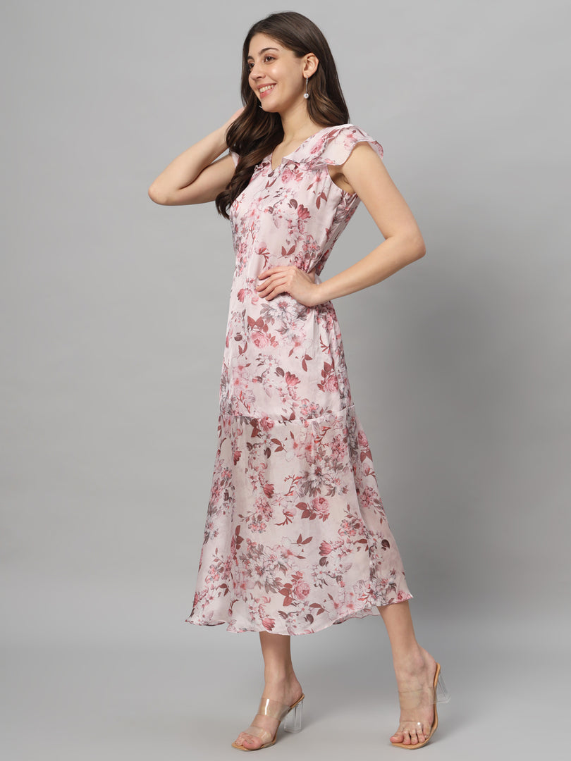 Rosy Breeze Flutter Midi Dress