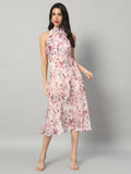 Elegant Floral Halter Neck Midi Dress