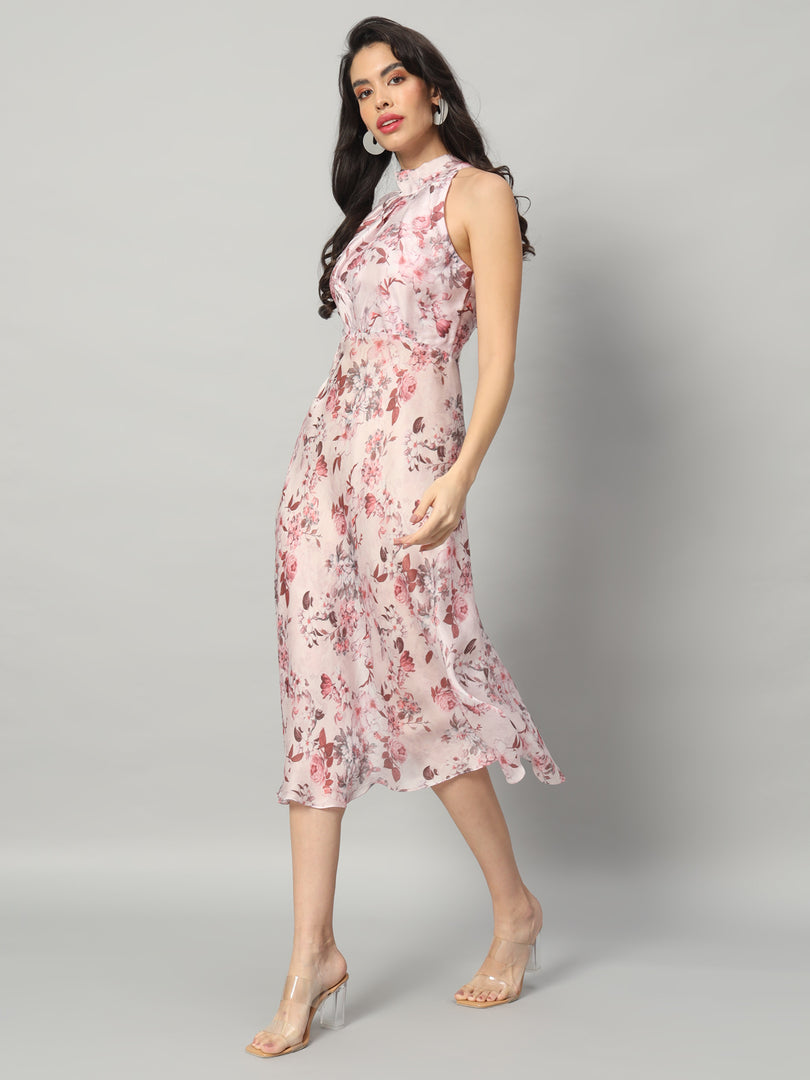 Elegant Floral Halter Neck Midi Dress