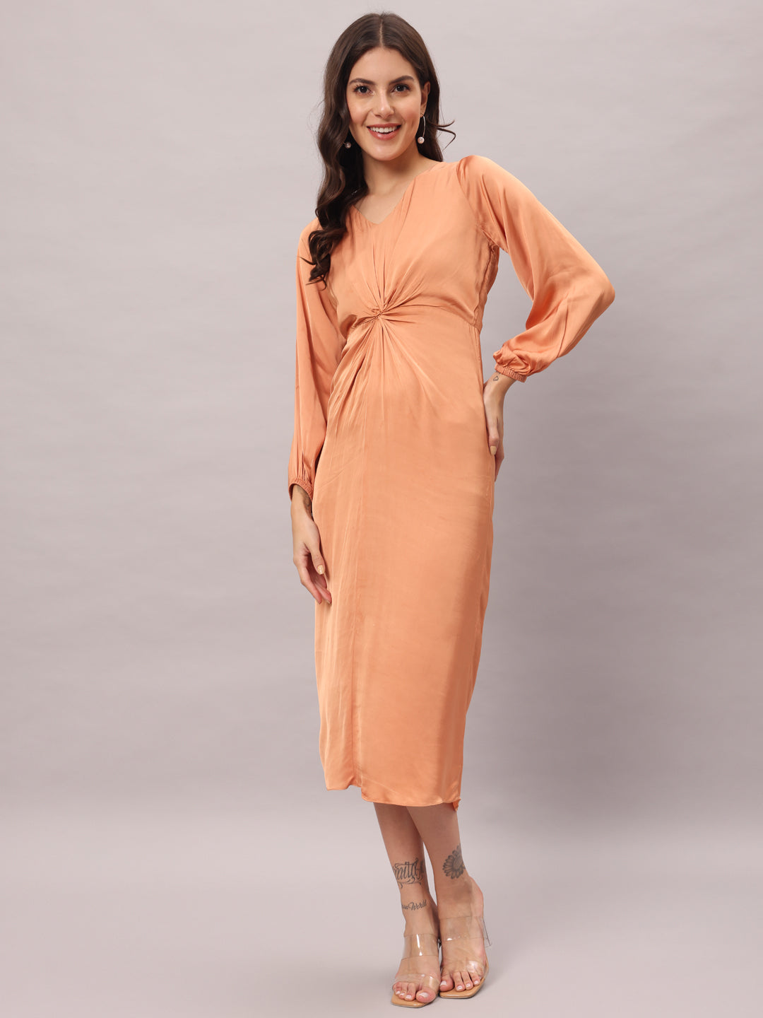 Peach Satin Knotted Midi Dress